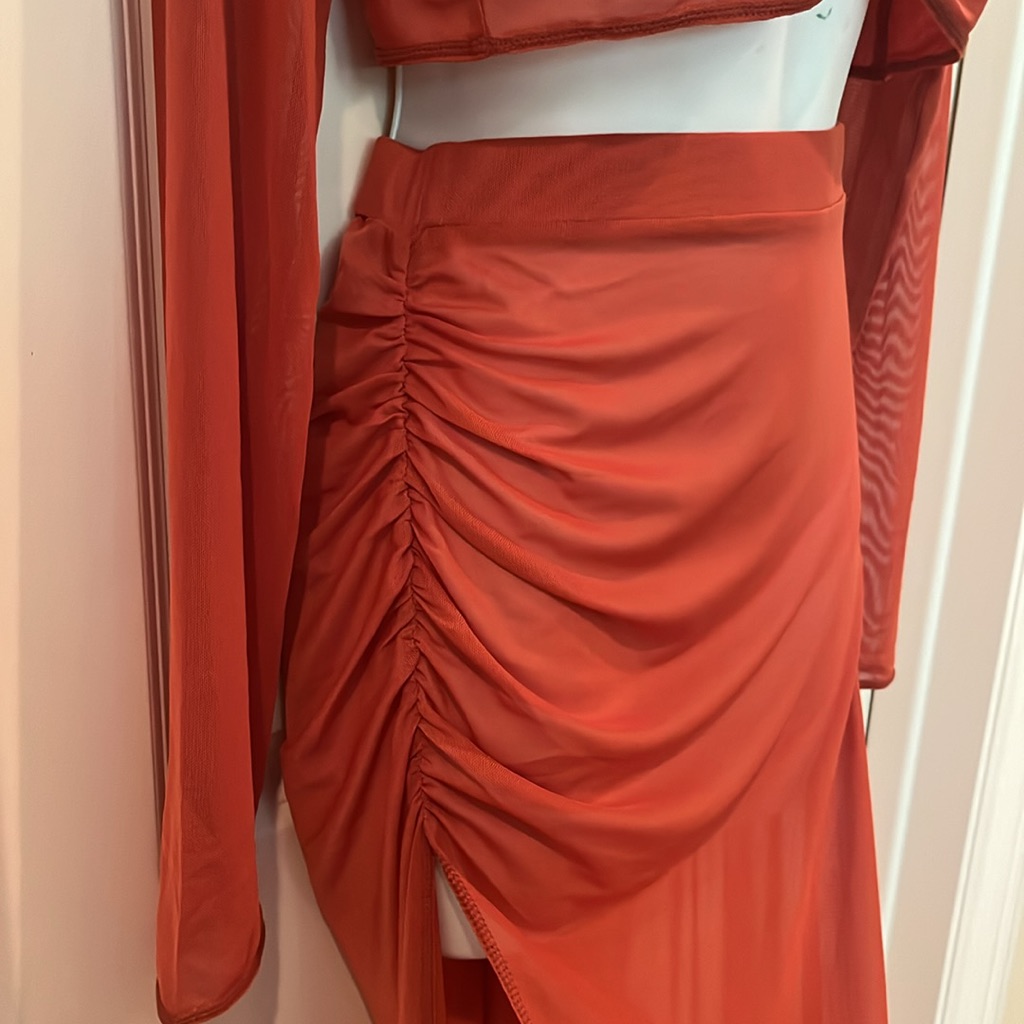 Nwt Swim Roux Ruched Rust Two Piece Mesh Top Skirt Resort Cover Up Large /Xl — image 3 of 8